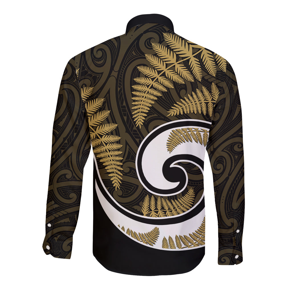 New Zealand Long Sleeve Button Shirt Maori With Silver Fern Gold LT6 - Wonder Print Shop