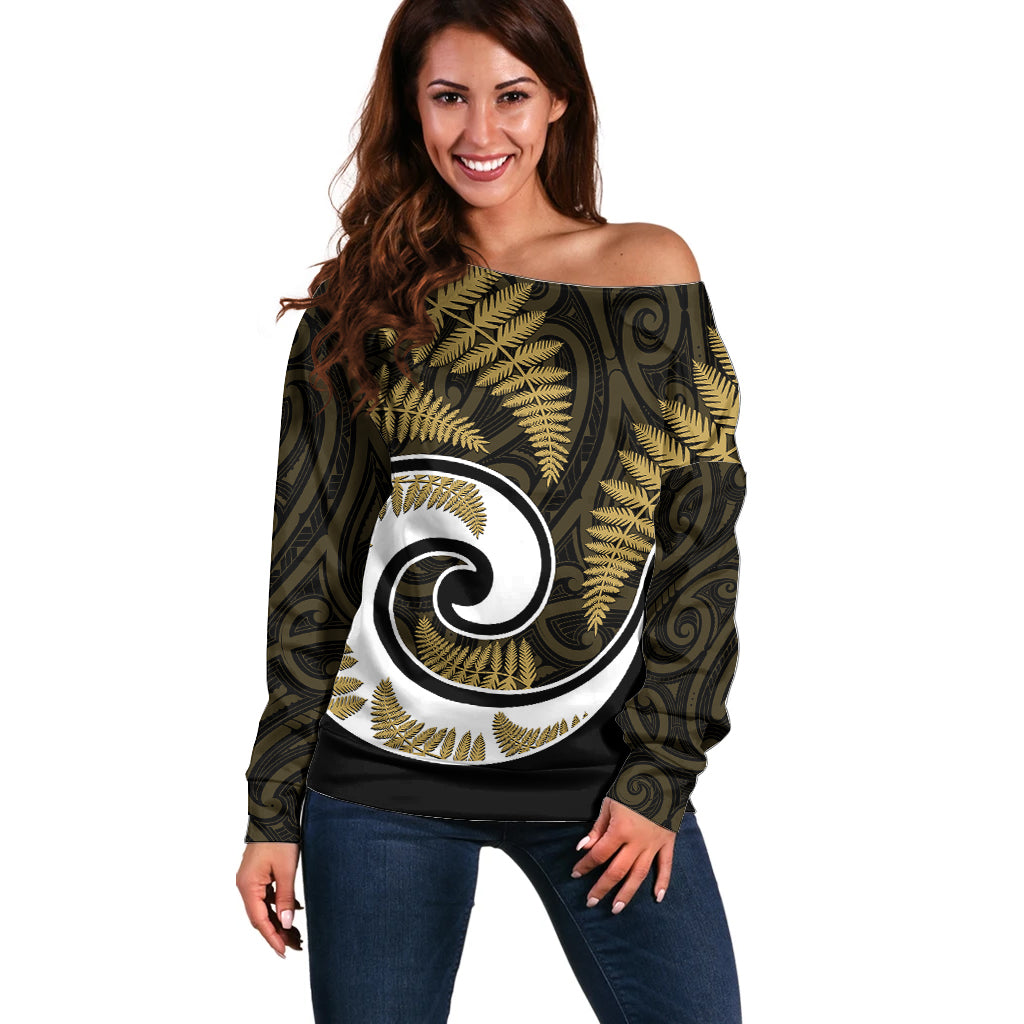 New Zealand Off Shoulder Sweater Maori With Silver Fern Gold LT6 - Wonder Print Shop
