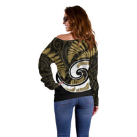 New Zealand Off Shoulder Sweater Maori With Silver Fern Gold LT6 - Wonder Print Shop