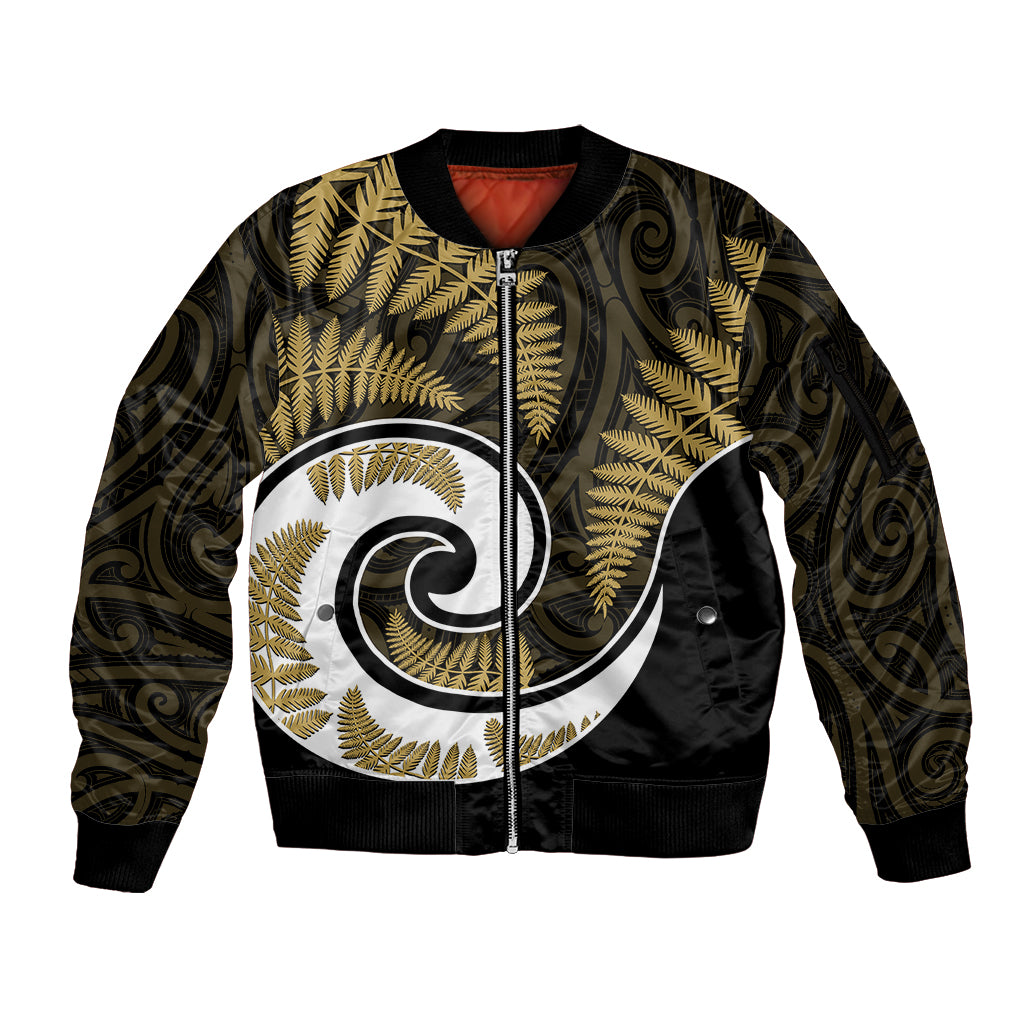 New Zealand Sleeve Zip Bomber Jacket Maori With Silver Fern Gold LT6 - Wonder Print Shop