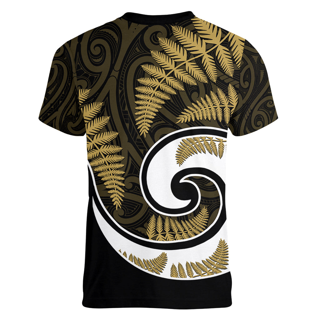New Zealand Women V Neck T Shirt Maori With Silver Fern Gold LT6 - Wonder Print Shop