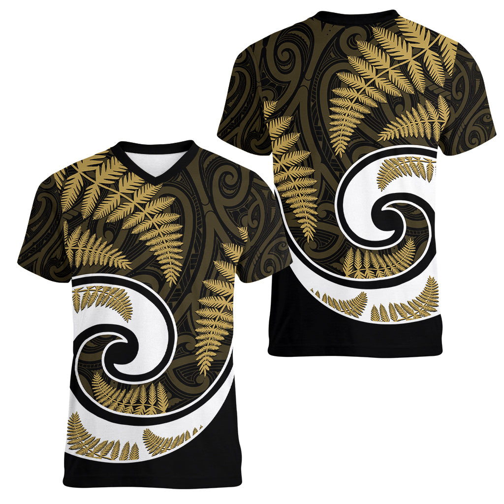 New Zealand Women V Neck T Shirt Maori With Silver Fern Gold LT6 - Wonder Print Shop