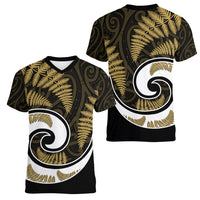New Zealand Women V Neck T Shirt Maori With Silver Fern Gold LT6 - Wonder Print Shop