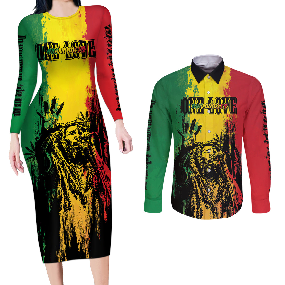 Legend Bob Personalized Couples Matching Long Sleeve Bodycon Dress and Long Sleeve Button Shirt Reggae Grunge LT7 - Wonder Print Shop