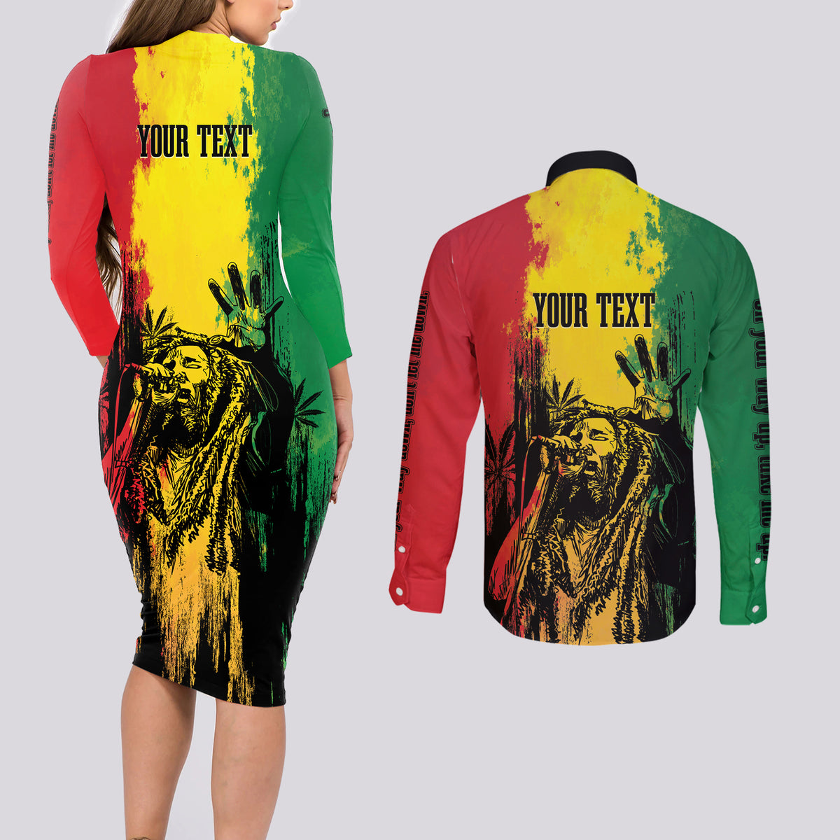 Legend Bob Personalized Couples Matching Long Sleeve Bodycon Dress and Long Sleeve Button Shirt Reggae Grunge LT7 - Wonder Print Shop