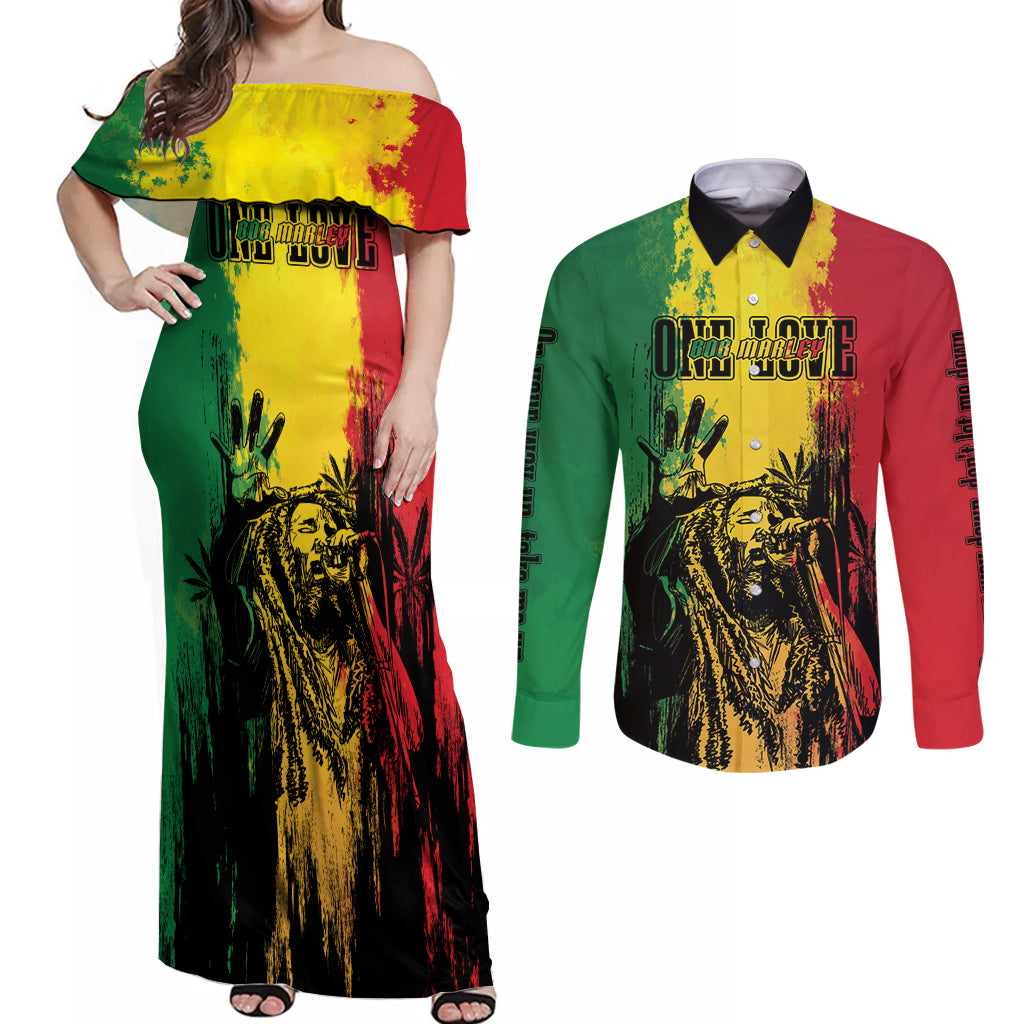 Legend Bob Personalized Couples Matching Off Shoulder Maxi Dress and Long Sleeve Button Shirt Reggae Grunge LT7 - Wonder Print Shop