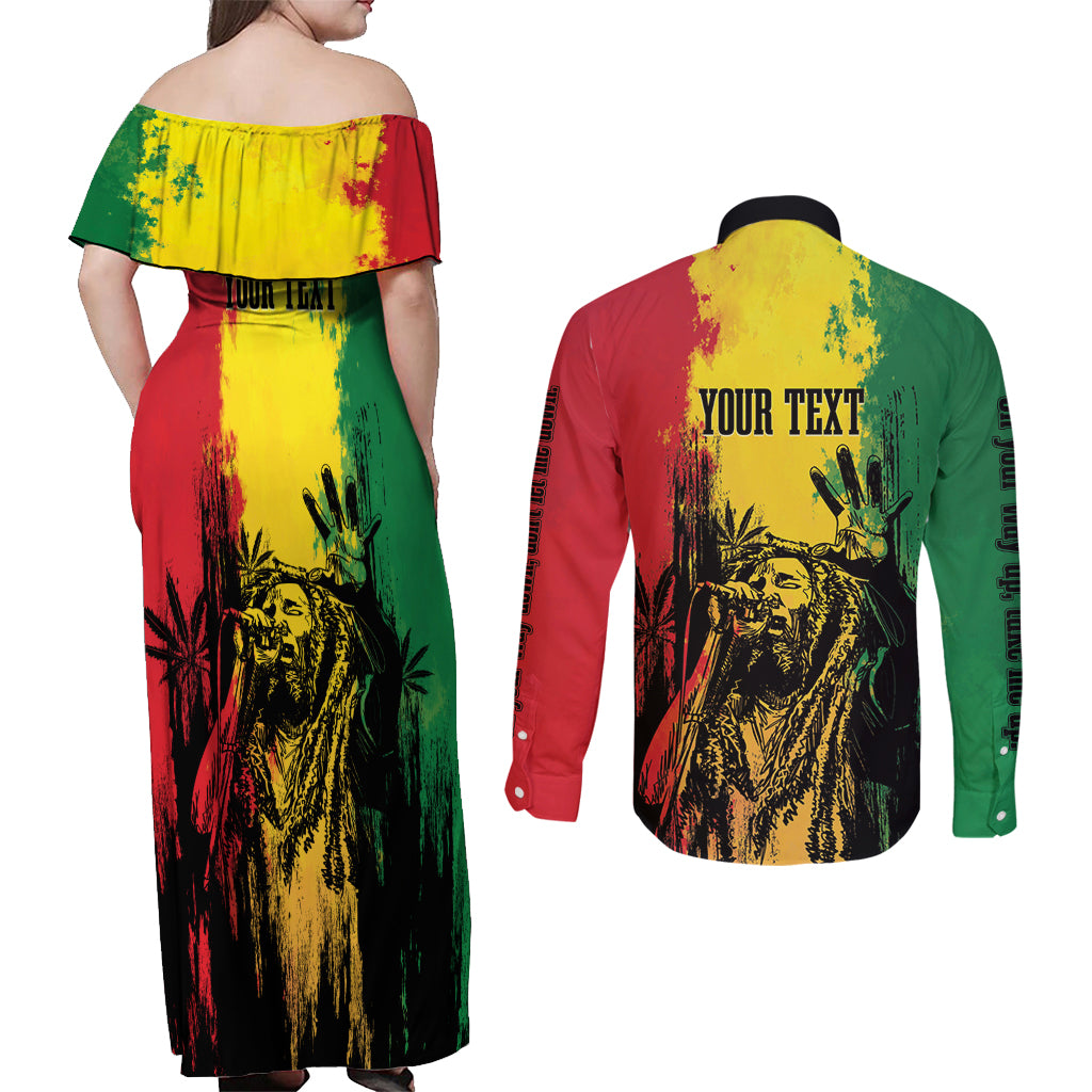 Legend Bob Personalized Couples Matching Off Shoulder Maxi Dress and Long Sleeve Button Shirt Reggae Grunge LT7 - Wonder Print Shop