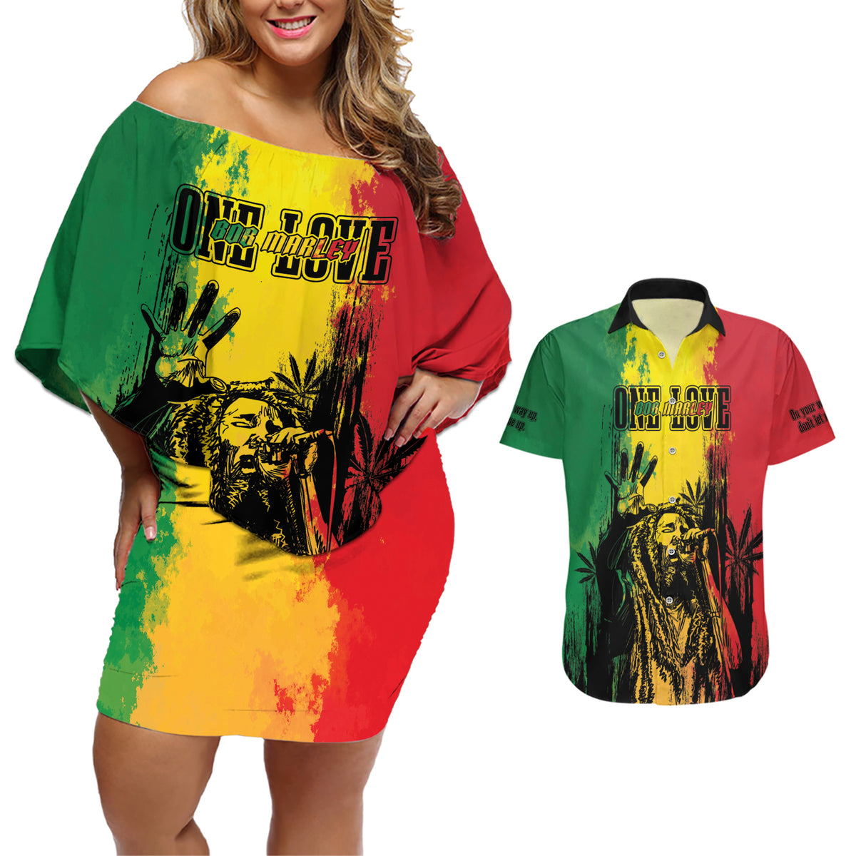 Legend Bob Personalized Couples Matching Off Shoulder Short Dress and Hawaiian Shirt Reggae Grunge LT7 - Wonder Print Shop