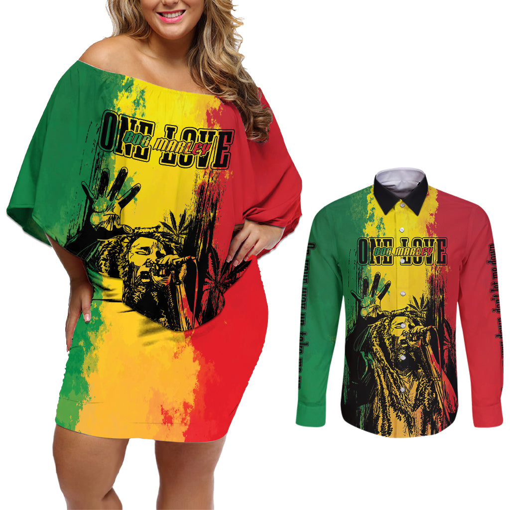 Legend Bob Personalized Couples Matching Off Shoulder Short Dress and Long Sleeve Button Shirt Reggae Grunge LT7 - Wonder Print Shop