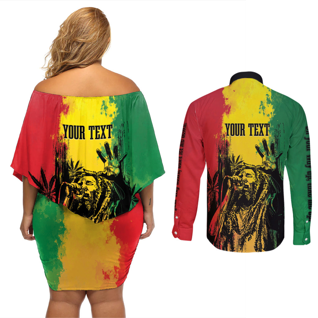 Legend Bob Personalized Couples Matching Off Shoulder Short Dress and Long Sleeve Button Shirt Reggae Grunge LT7 - Wonder Print Shop