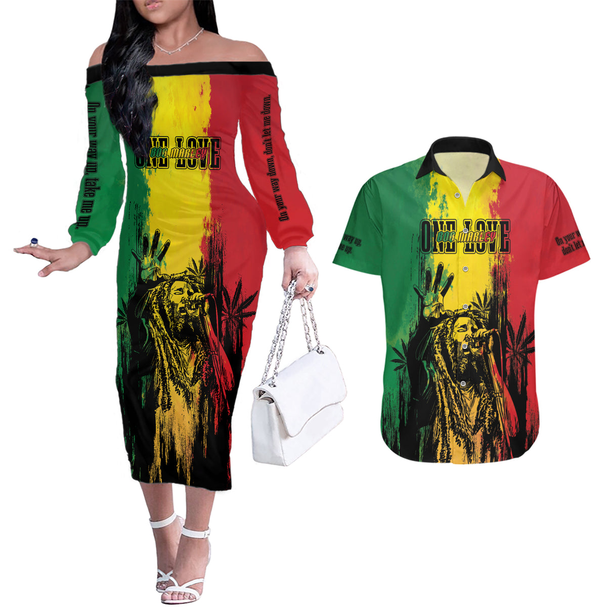 Legend Bob Personalized Couples Matching Off The Shoulder Long Sleeve Dress and Hawaiian Shirt Reggae Grunge LT7 - Wonder Print Shop