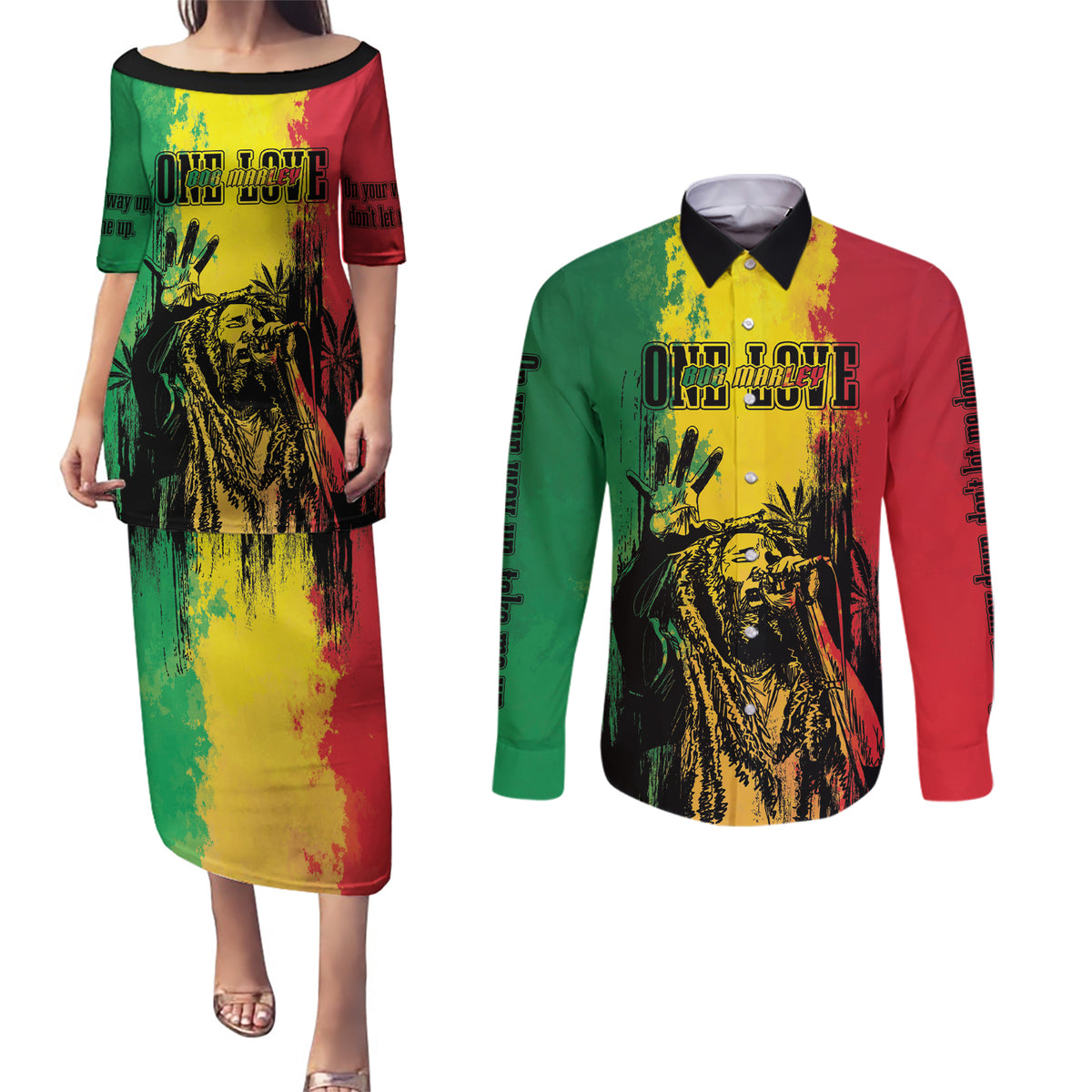 Legend Bob Personalized Couples Matching Puletasi and Long Sleeve Button Shirt Reggae Grunge LT7 - Wonder Print Shop