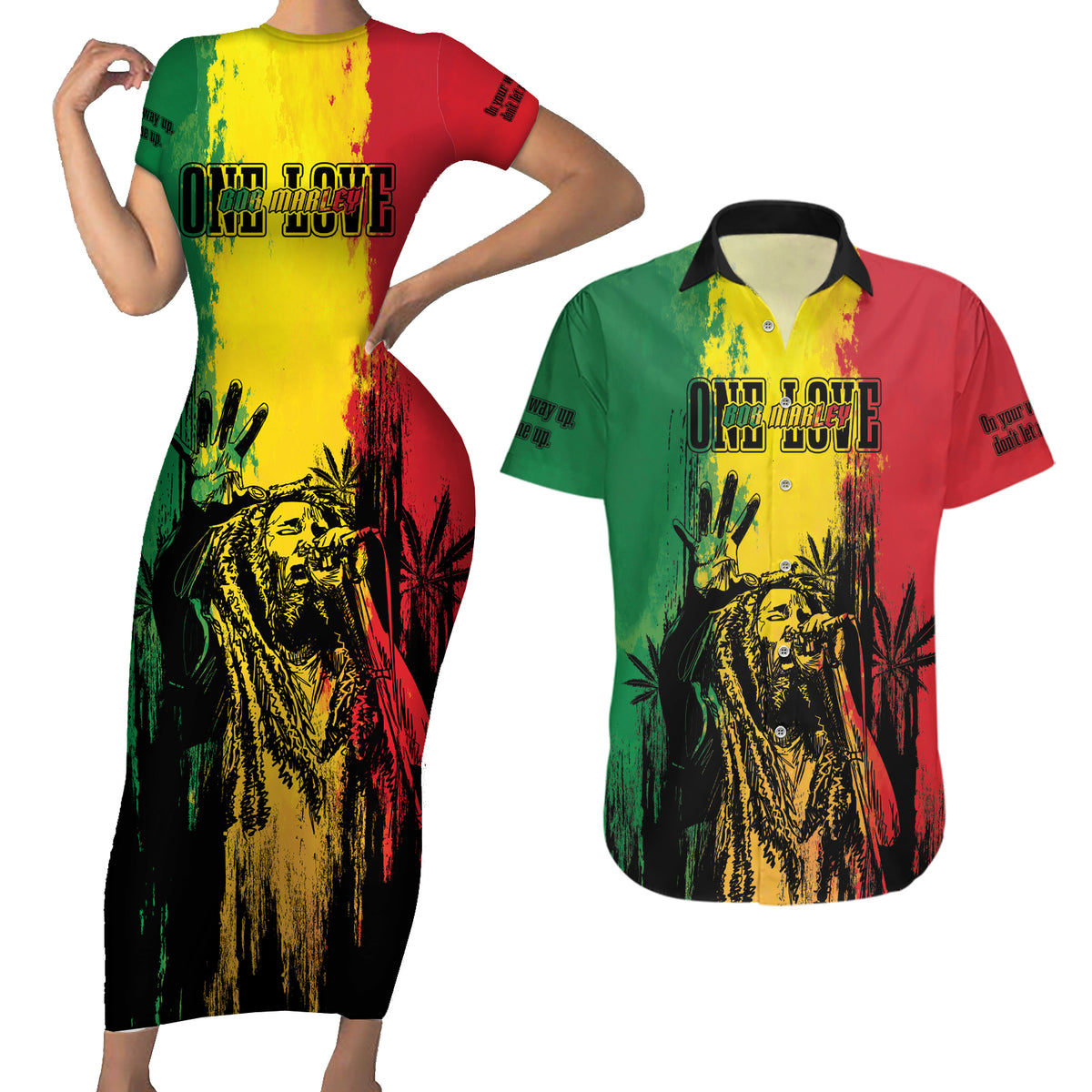 Legend Bob Personalized Couples Matching Short Sleeve Bodycon Dress and Hawaiian Shirt Reggae Grunge LT7 - Wonder Print Shop