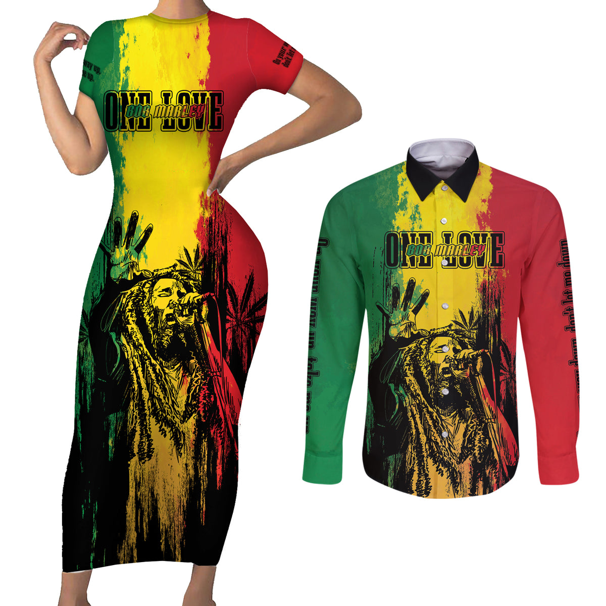 Legend Bob Personalized Couples Matching Short Sleeve Bodycon Dress and Long Sleeve Button Shirt Reggae Grunge LT7 - Wonder Print Shop