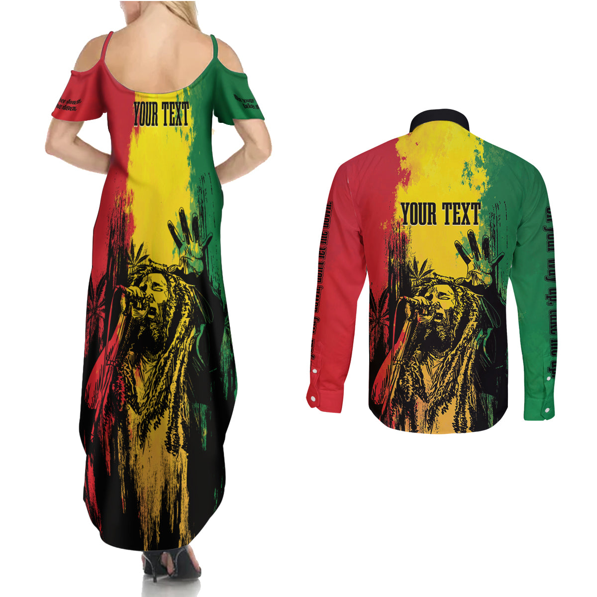 Legend Bob Personalized Couples Matching Summer Maxi Dress and Long Sleeve Button Shirt Reggae Grunge LT7 - Wonder Print Shop