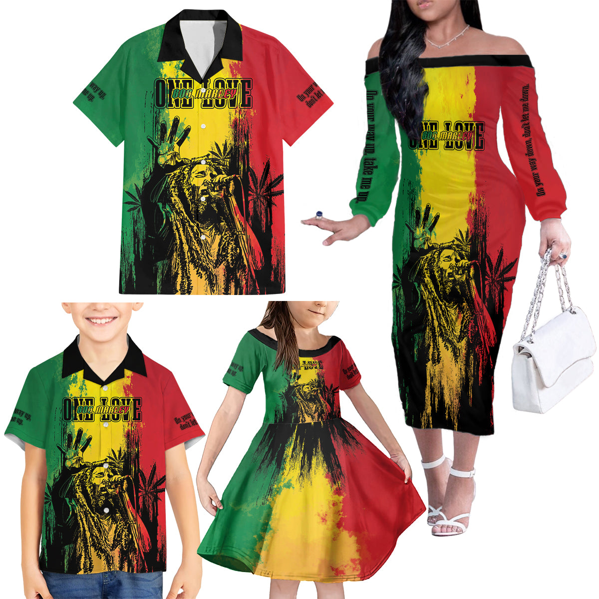 Legend Bob Personalized Family Matching Off Shoulder Long Sleeve Dress and Hawaiian Shirt Reggae Grunge - Wonder Print Shop