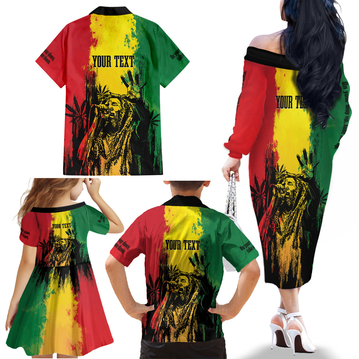 Legend Bob Personalized Family Matching Off Shoulder Long Sleeve Dress and Hawaiian Shirt Reggae Grunge - Wonder Print Shop