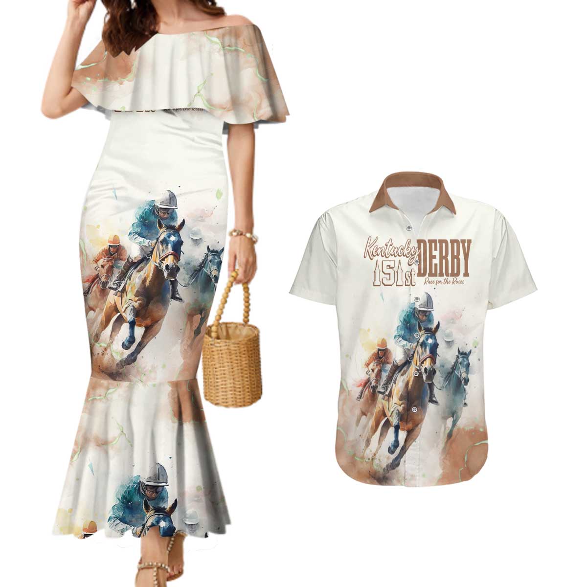 Personalised Kentucky Horse Racing Couples Matching Mermaid Dress and Hawaiian Shirt 151st Anniversary LT7