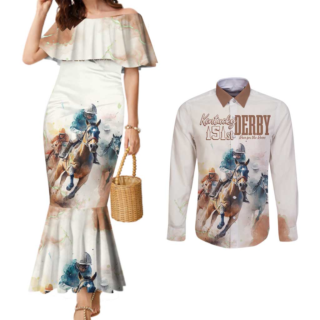 Personalised Kentucky Horse Racing Couples Matching Mermaid Dress and Long Sleeve Button Shirt 151st Anniversary LT7