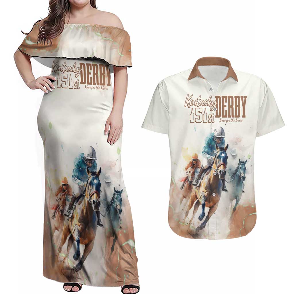 Personalised Kentucky Horse Racing Couples Matching Off Shoulder Maxi Dress and Hawaiian Shirt 151st Anniversary LT7