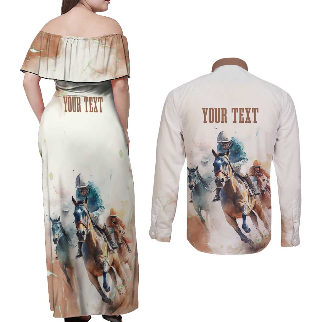 Personalised Kentucky Horse Racing Couples Matching Off Shoulder Maxi Dress and Long Sleeve Button Shirt 151st Anniversary LT7