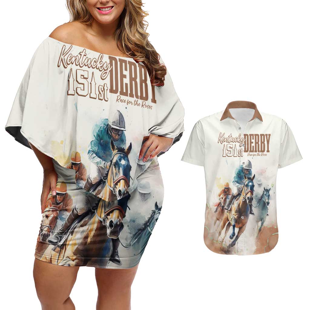 Personalised Kentucky Horse Racing Couples Matching Off Shoulder Short Dress and Hawaiian Shirt 151st Anniversary LT7