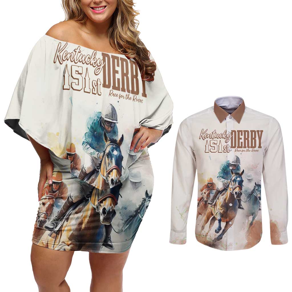 Personalised Kentucky Horse Racing Couples Matching Off Shoulder Short Dress and Long Sleeve Button Shirt 151st Anniversary LT7
