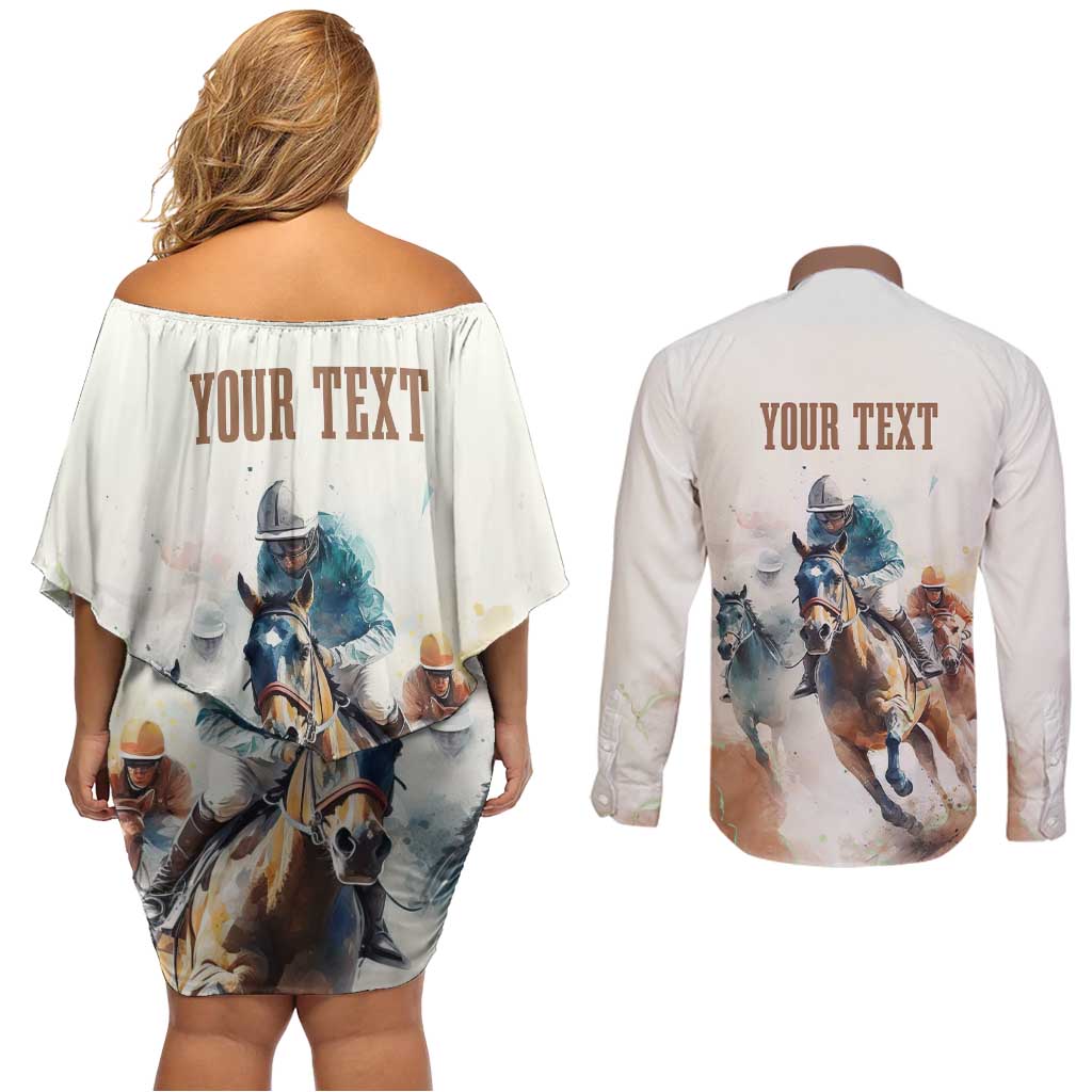 Personalised Kentucky Horse Racing Couples Matching Off Shoulder Short Dress and Long Sleeve Button Shirt 151st Anniversary LT7