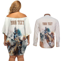 Personalised Kentucky Horse Racing Couples Matching Off Shoulder Short Dress and Long Sleeve Button Shirt 151st Anniversary LT7