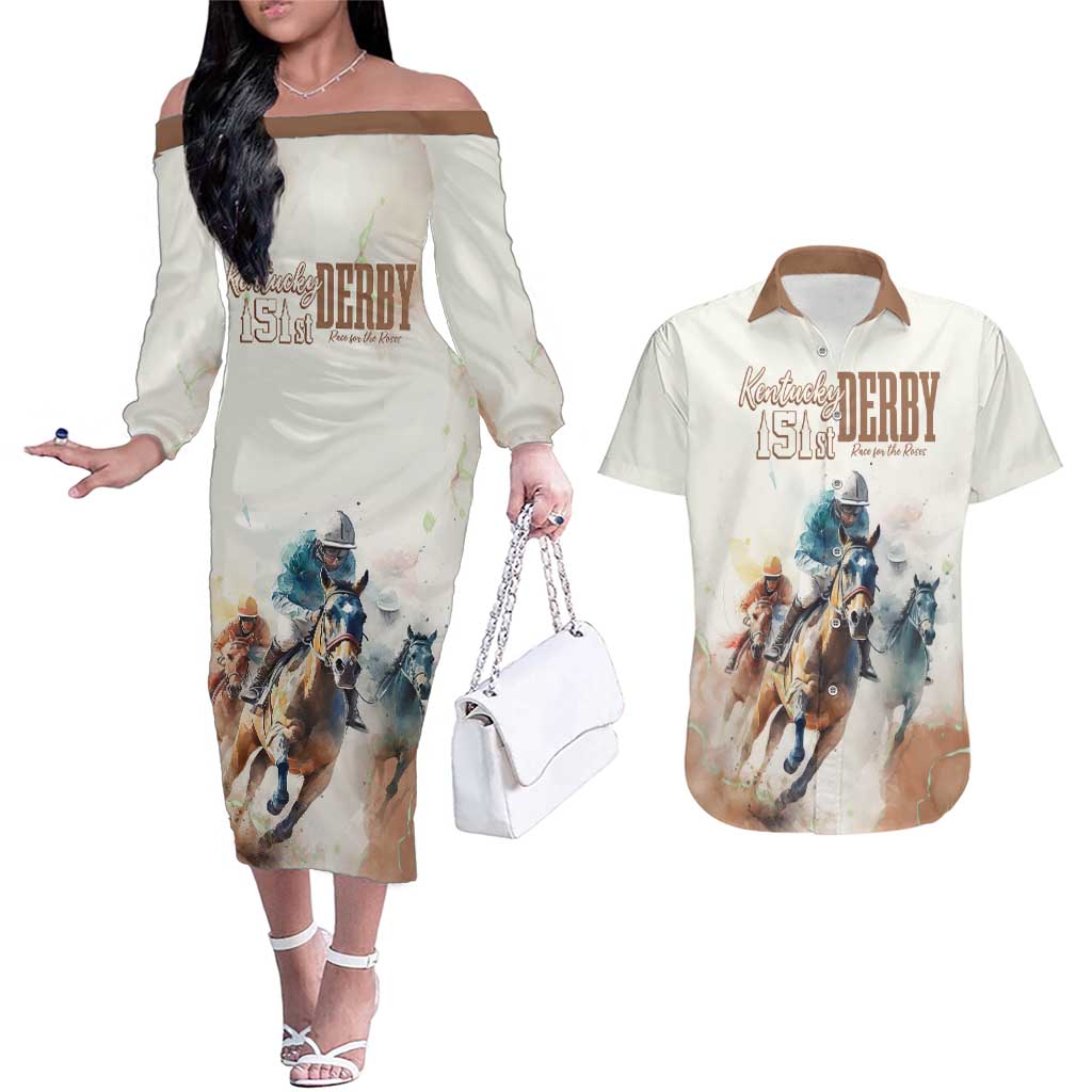 Personalised Kentucky Horse Racing Couples Matching Off The Shoulder Long Sleeve Dress and Hawaiian Shirt 151st Anniversary LT7
