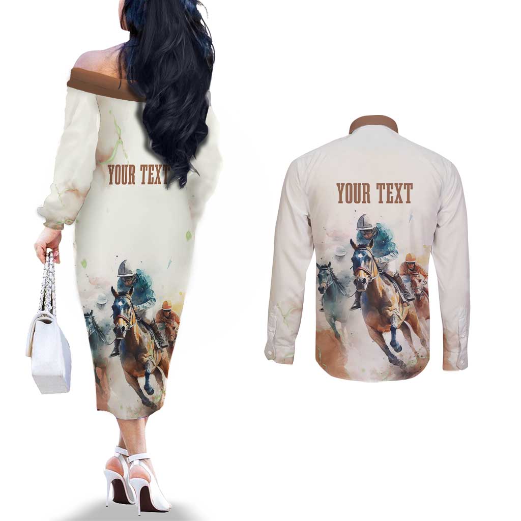 Personalised Kentucky Horse Racing Couples Matching Off The Shoulder Long Sleeve Dress and Long Sleeve Button Shirt 151st Anniversary LT7