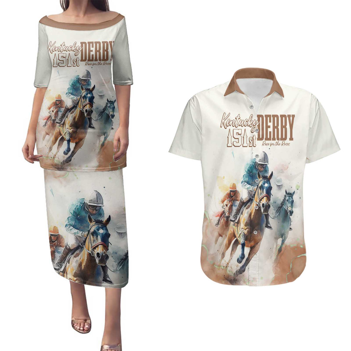 Personalised Kentucky Horse Racing Couples Matching Puletasi and Hawaiian Shirt 151st Anniversary LT7