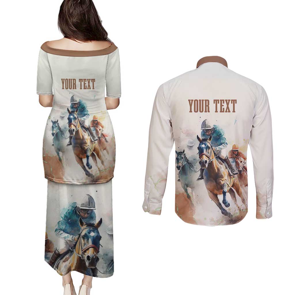Personalised Kentucky Horse Racing Couples Matching Puletasi and Long Sleeve Button Shirt 151st Anniversary LT7