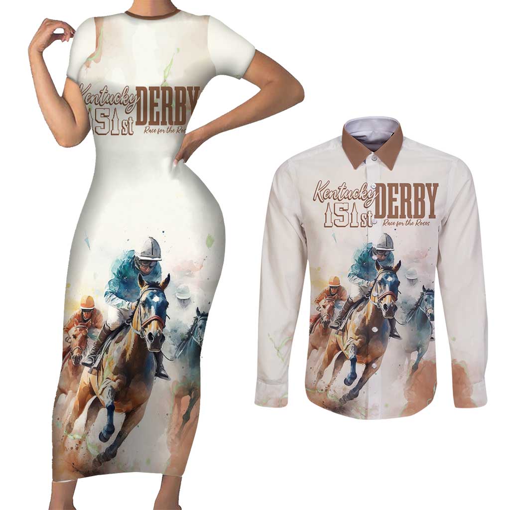 Personalised Kentucky Horse Racing Couples Matching Short Sleeve Bodycon Dress and Long Sleeve Button Shirt 151st Anniversary LT7