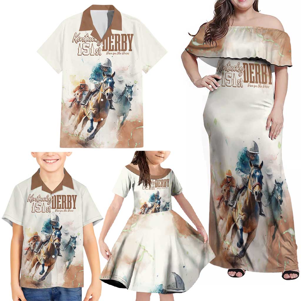 Personalised Kentucky Horse Racing Family Matching Off Shoulder Maxi Dress and Hawaiian Shirt 151st Anniversary LT7