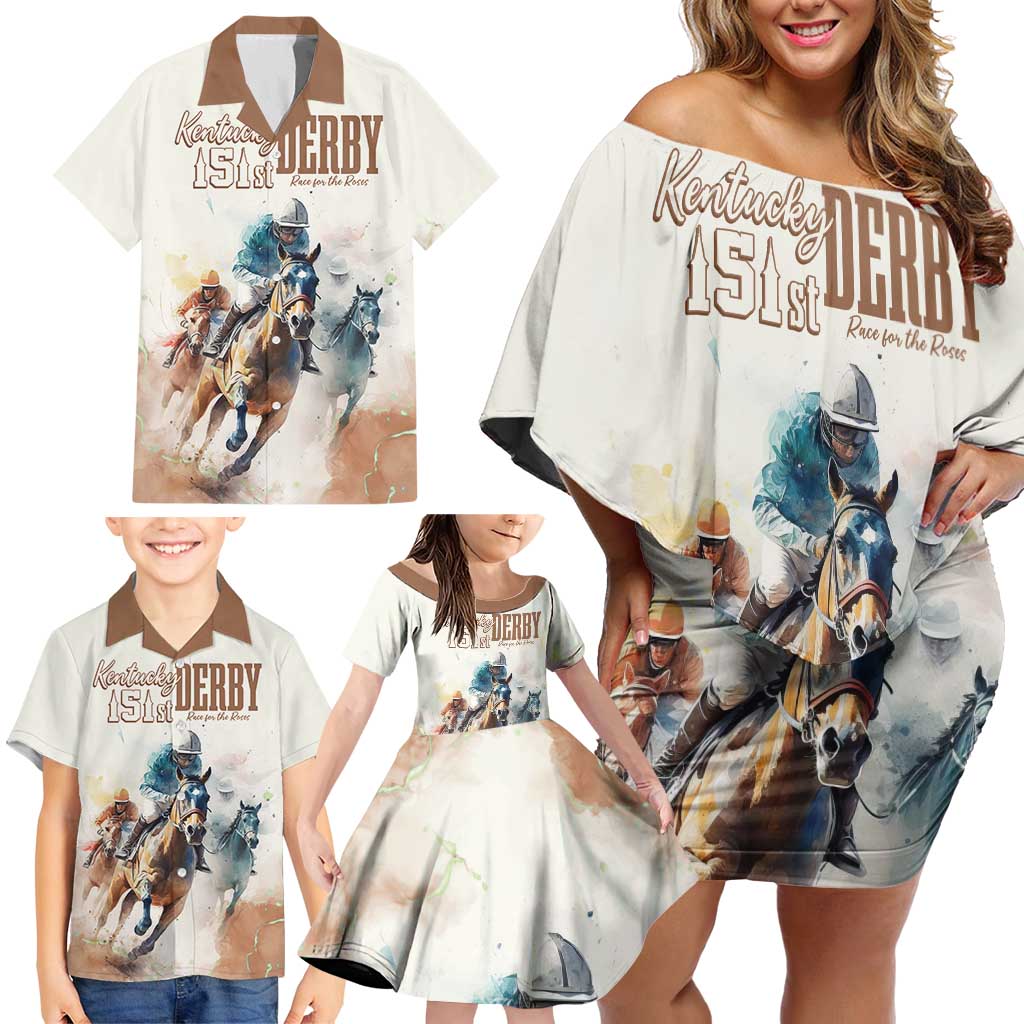 Personalised Kentucky Horse Racing Family Matching Off Shoulder Short Dress and Hawaiian Shirt 151st Anniversary LT7