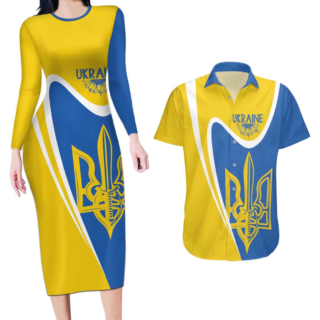 Ukraine Stylized Tryzub Couples Matching Long Sleeve Bodycon Dress and Hawaiian Shirt Slava Ukraini