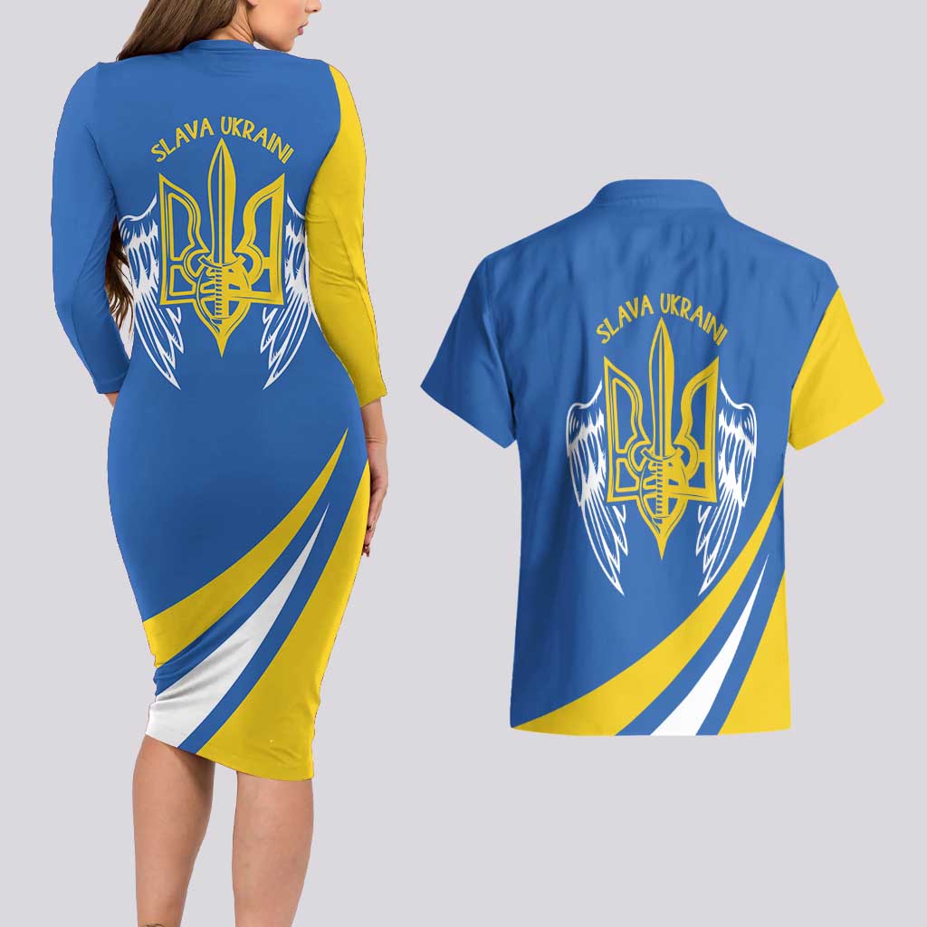 Ukraine Stylized Tryzub Couples Matching Long Sleeve Bodycon Dress and Hawaiian Shirt Slava Ukraini