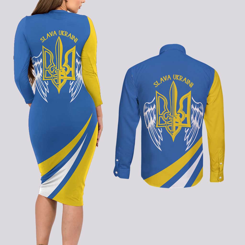 Ukraine Stylized Tryzub Couples Matching Long Sleeve Bodycon Dress and Long Sleeve Button Shirt Slava Ukraini