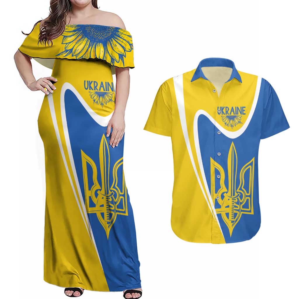 Ukraine Stylized Tryzub Couples Matching Off Shoulder Maxi Dress and Hawaiian Shirt Slava Ukraini