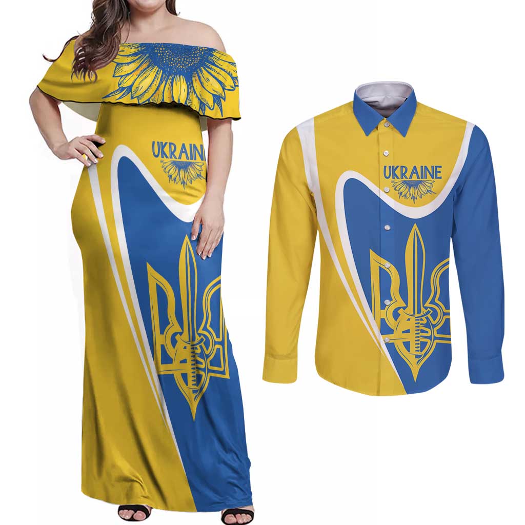 Ukraine Stylized Tryzub Couples Matching Off Shoulder Maxi Dress and Long Sleeve Button Shirt Slava Ukraini
