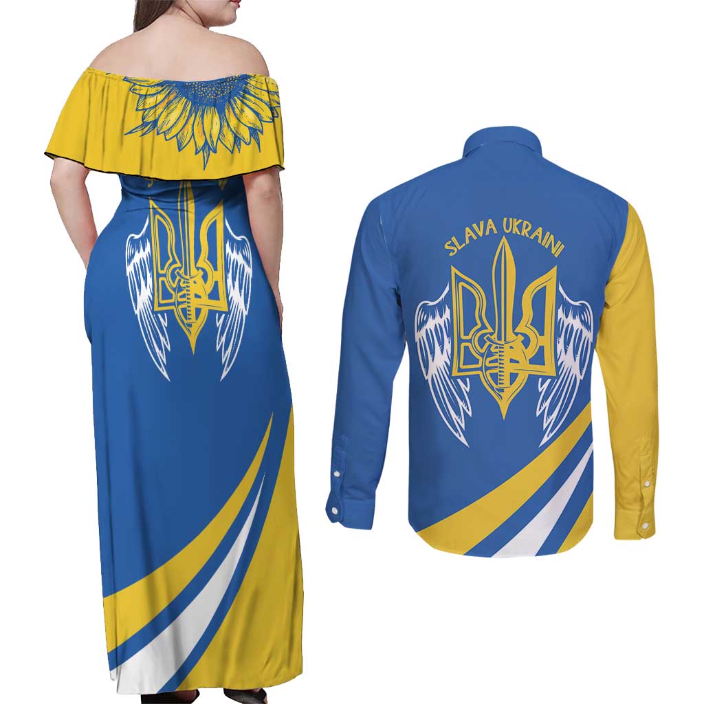 Ukraine Stylized Tryzub Couples Matching Off Shoulder Maxi Dress and Long Sleeve Button Shirt Slava Ukraini