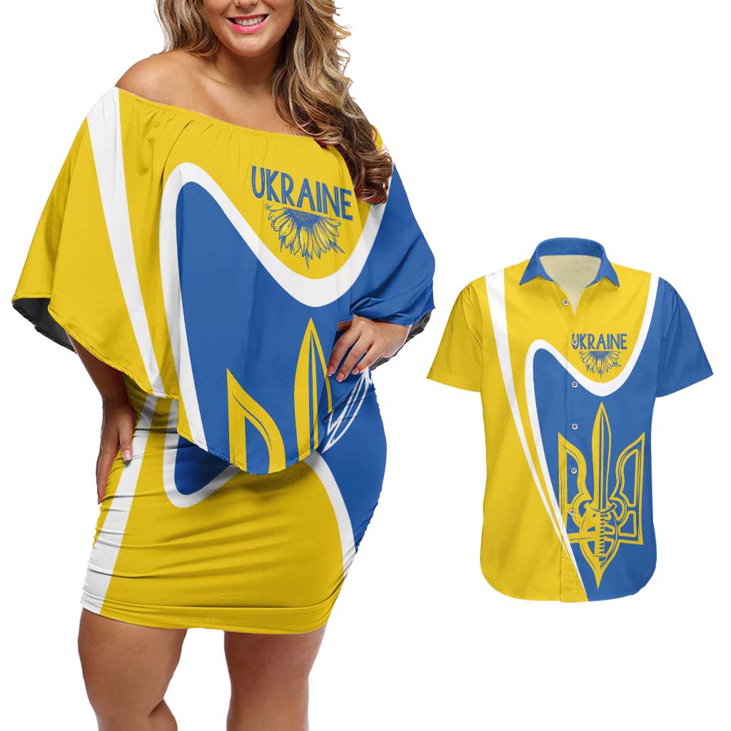 Ukraine Stylized Tryzub Couples Matching Off Shoulder Short Dress and Hawaiian Shirt Slava Ukraini