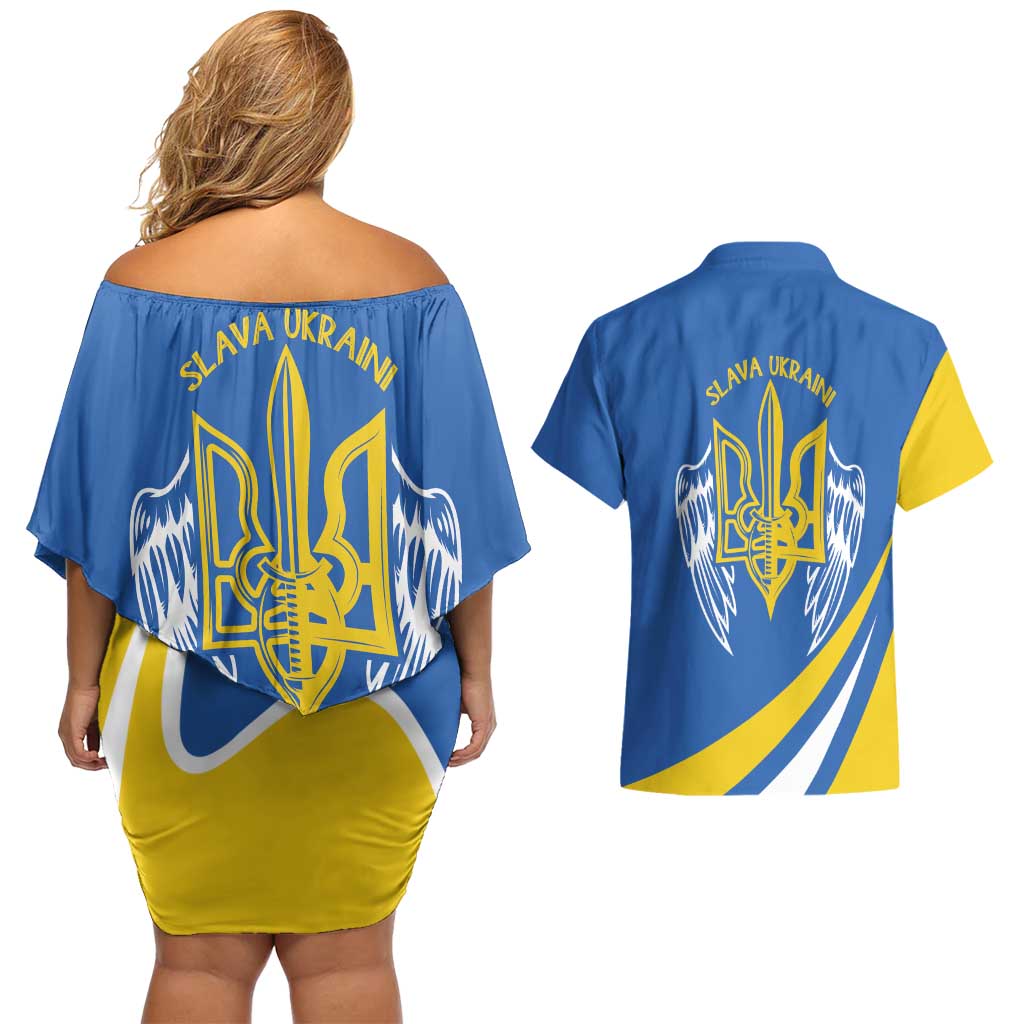 Ukraine Stylized Tryzub Couples Matching Off Shoulder Short Dress and Hawaiian Shirt Slava Ukraini