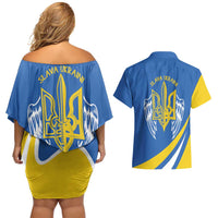 Ukraine Stylized Tryzub Couples Matching Off Shoulder Short Dress and Hawaiian Shirt Slava Ukraini