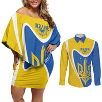 Ukraine Stylized Tryzub Couples Matching Off Shoulder Short Dress and Long Sleeve Button Shirt Slava Ukraini