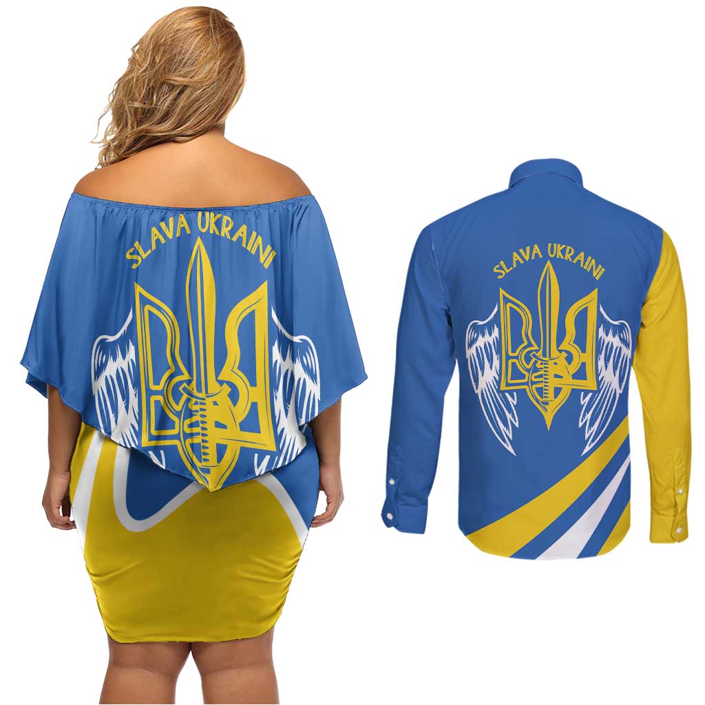 Ukraine Stylized Tryzub Couples Matching Off Shoulder Short Dress and Long Sleeve Button Shirt Slava Ukraini