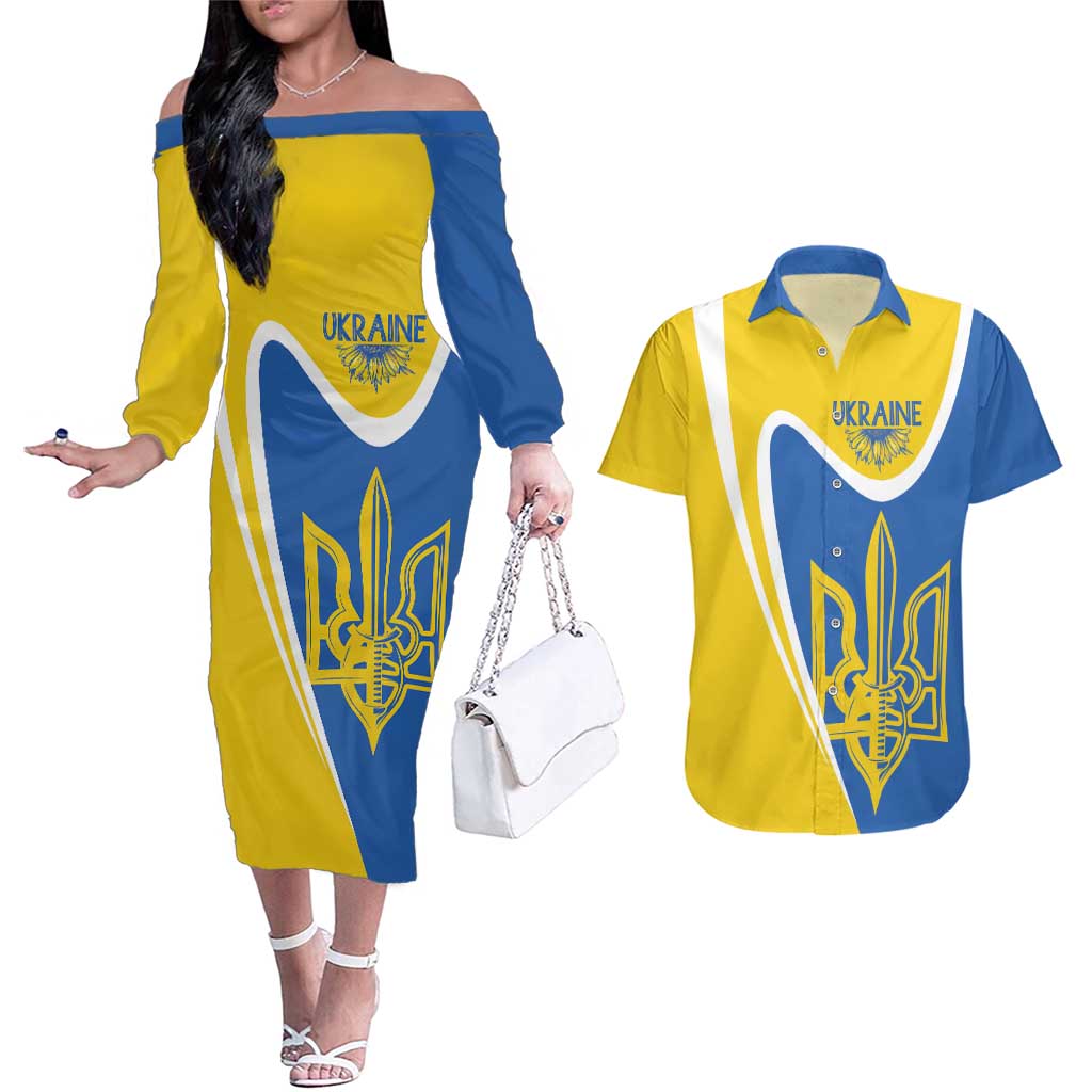 Ukraine Stylized Tryzub Couples Matching Off The Shoulder Long Sleeve Dress and Hawaiian Shirt Slava Ukraini