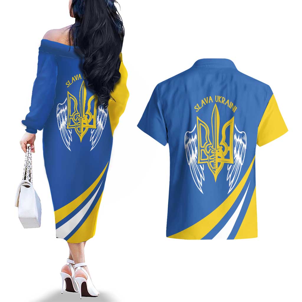Ukraine Stylized Tryzub Couples Matching Off The Shoulder Long Sleeve Dress and Hawaiian Shirt Slava Ukraini