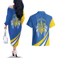 Ukraine Stylized Tryzub Couples Matching Off The Shoulder Long Sleeve Dress and Hawaiian Shirt Slava Ukraini